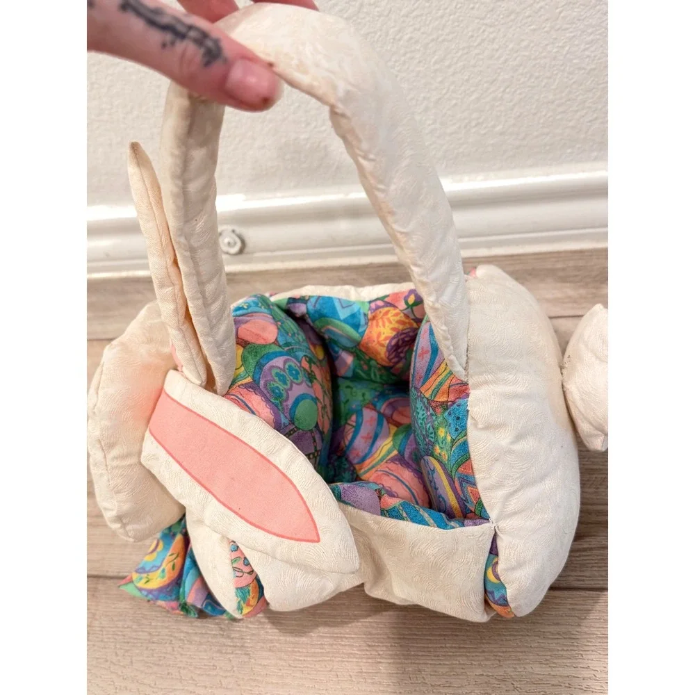 Vintage Plush Easter Bunny Basket Quilted Fabric Cream Multi Color Bow Tie